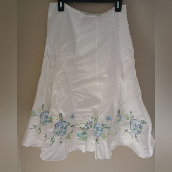 Allison Taylor White 100% Linen Full Skirt Midi Embroidered Size 10 - Picture 1 of 6
